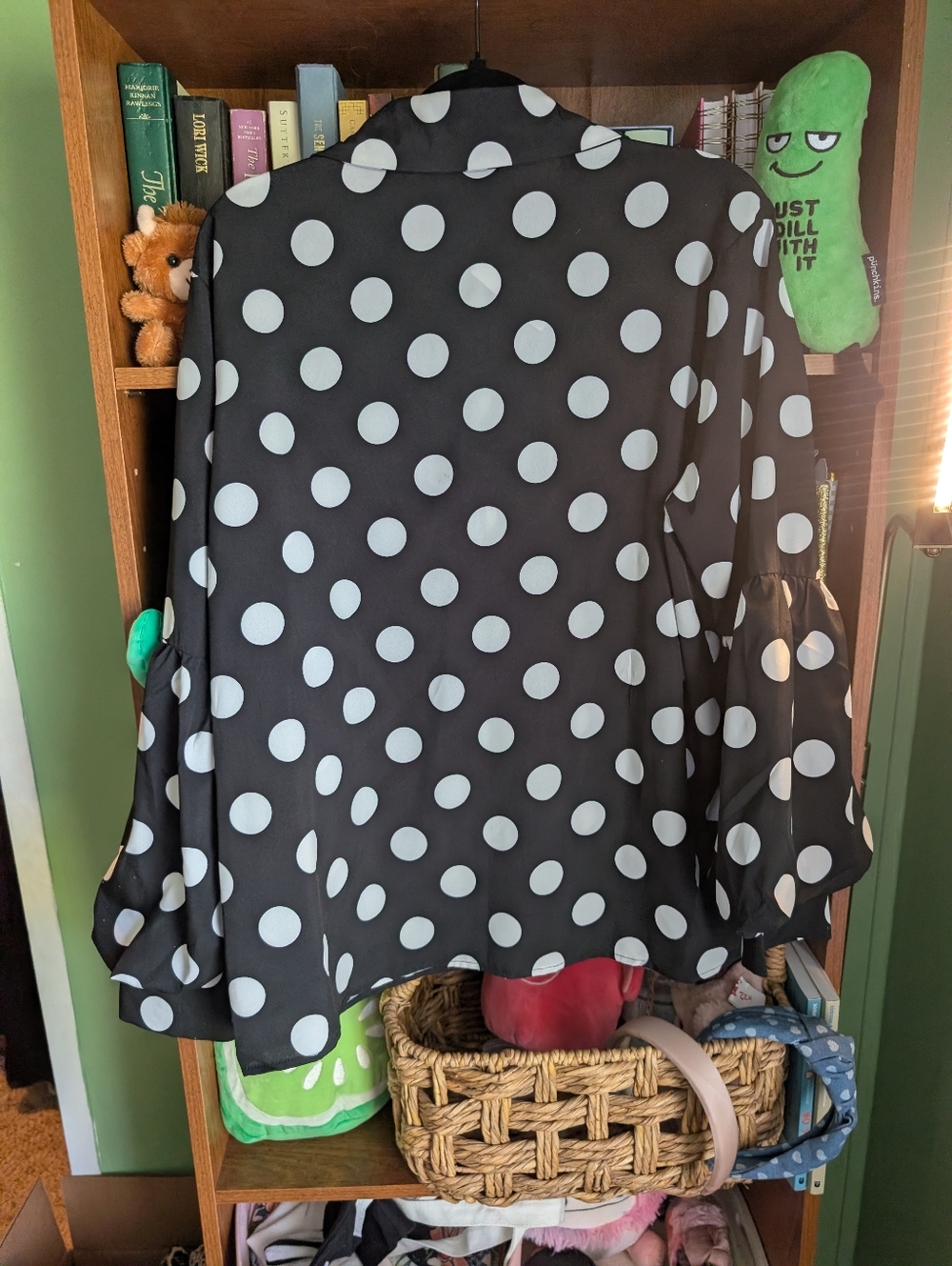 Polka Dot Button-Up Ruffle Sleeve Top - Black/White - Picture 7 of 8